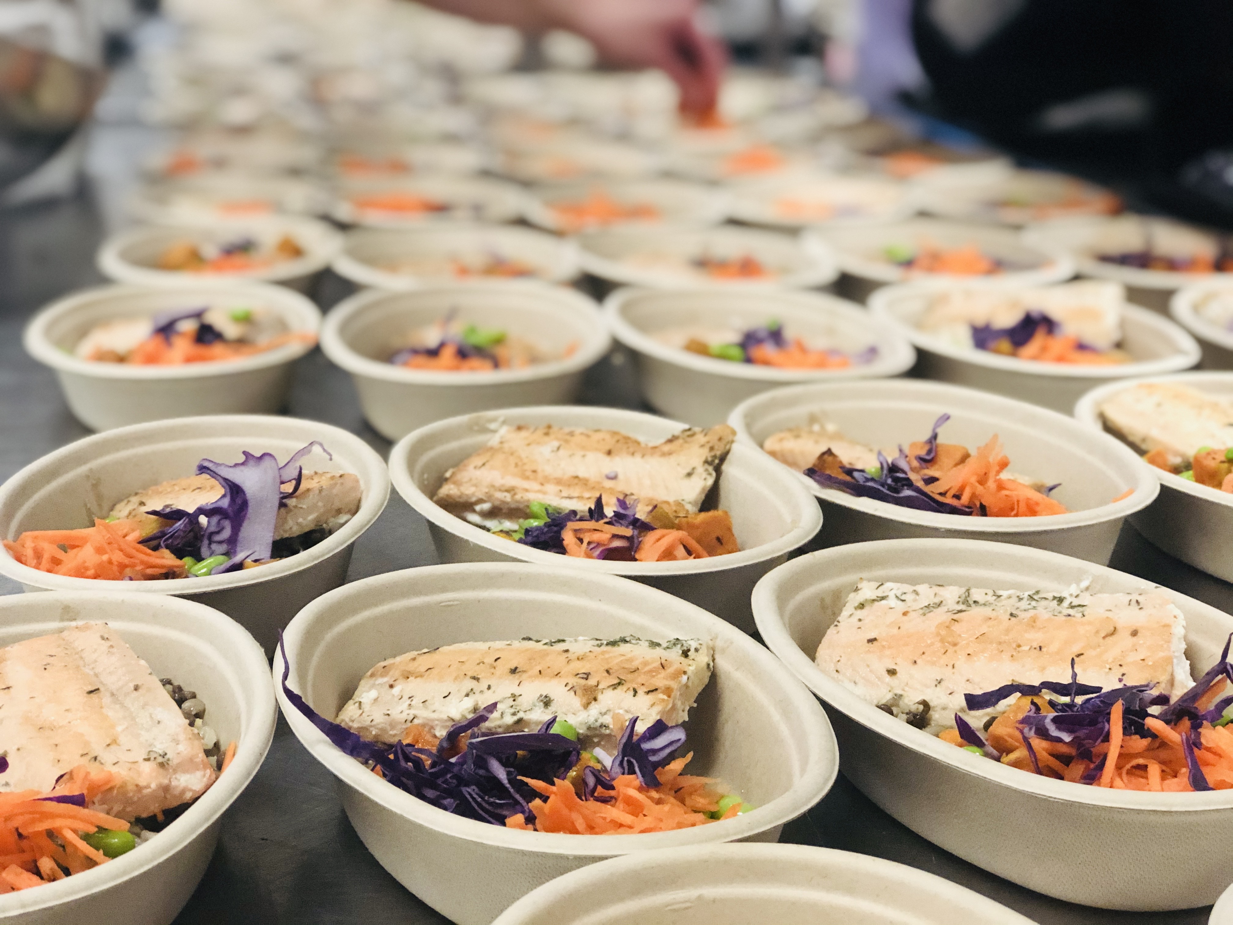 Prepped salmon fillets in to-go boxes on kitchen table